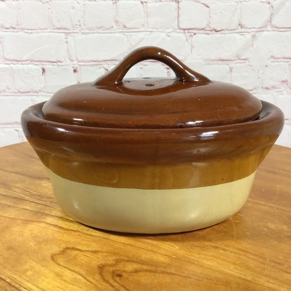 Vintage Two-Tone Brown Ceramic 1 Quart Covered Casserole